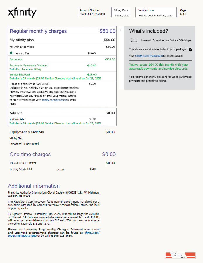 USA Xfinity utility bill template in Word and PDF formats, 3 pages, version 4, 3rd page